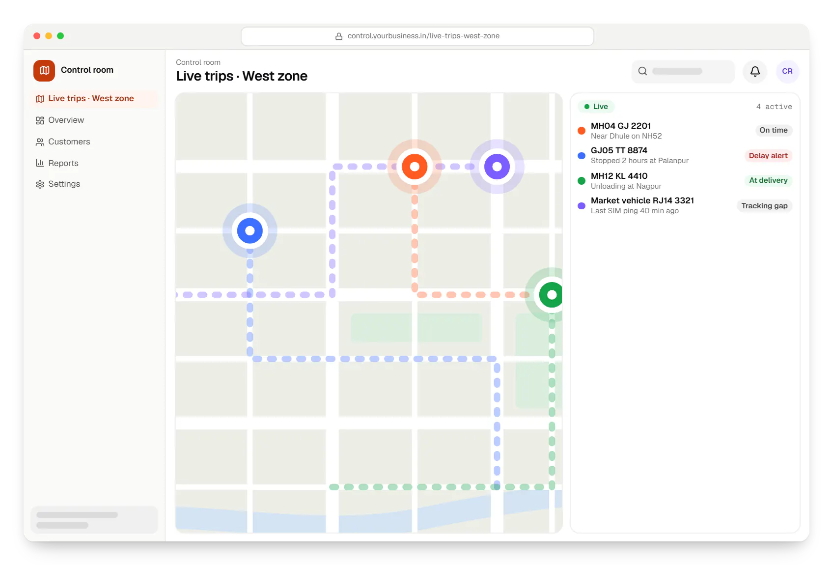 Logistics software control room route map in a web browser, with stops and live positions