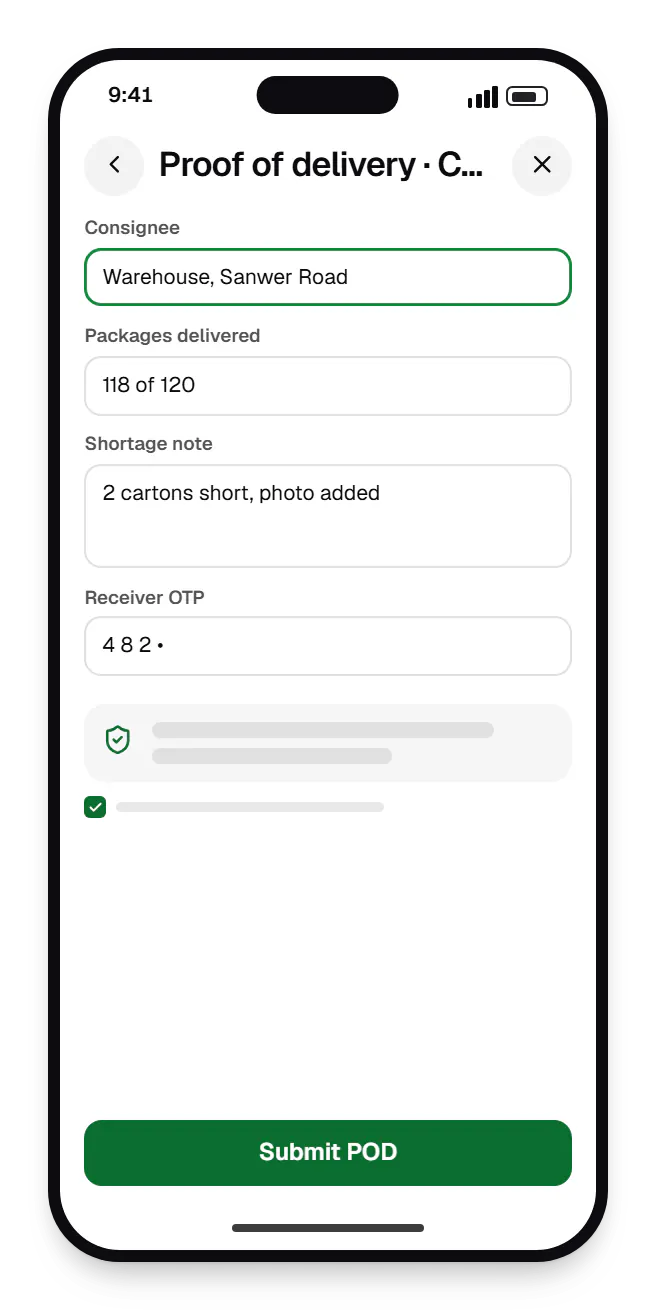 Logistics software driver app proof of delivery on a phone, with input fields and an action button