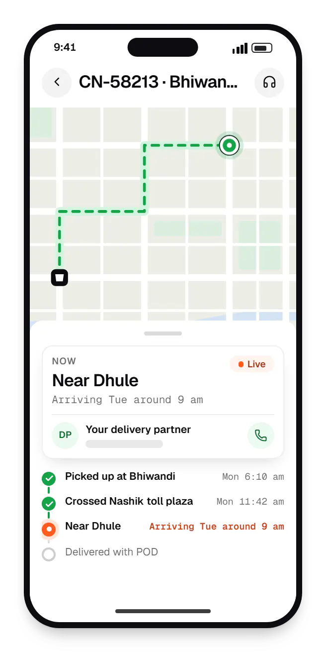 Logistics software shipper portal order tracking on a phone, with live status steps