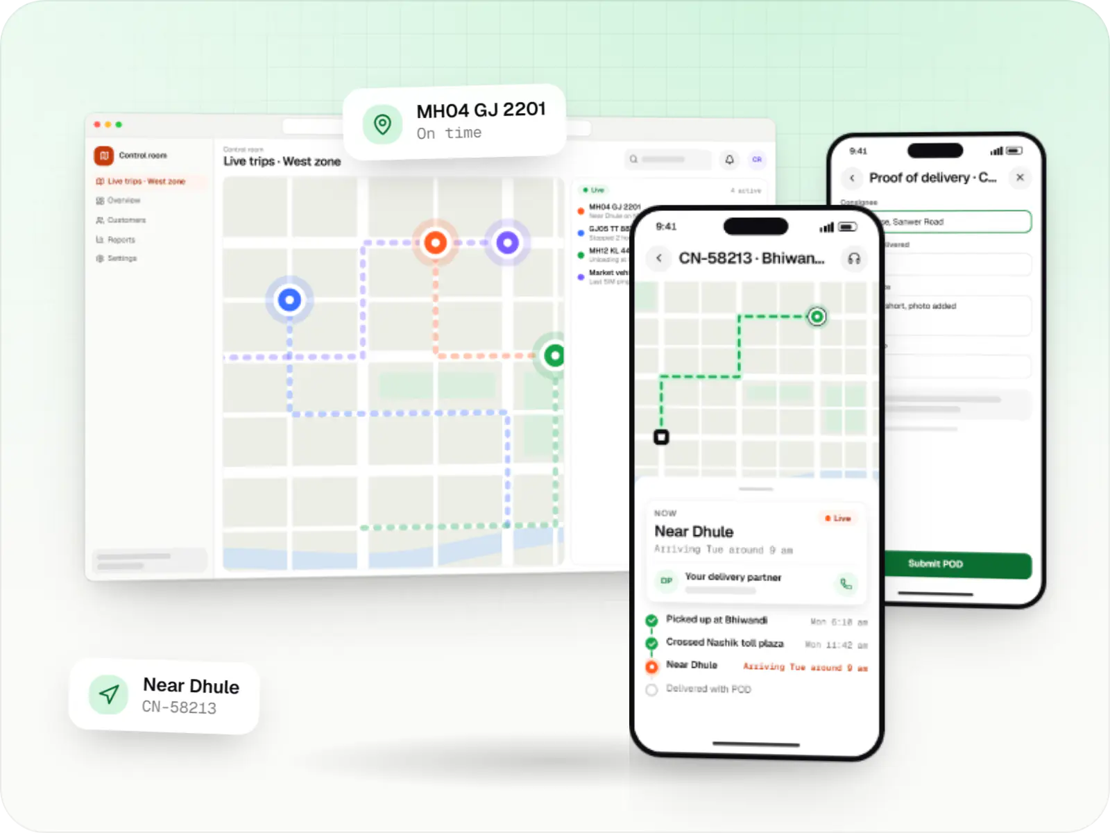 Logistics software screens: control room route map in a browser, shipper portal on a phone and driver app on a phone