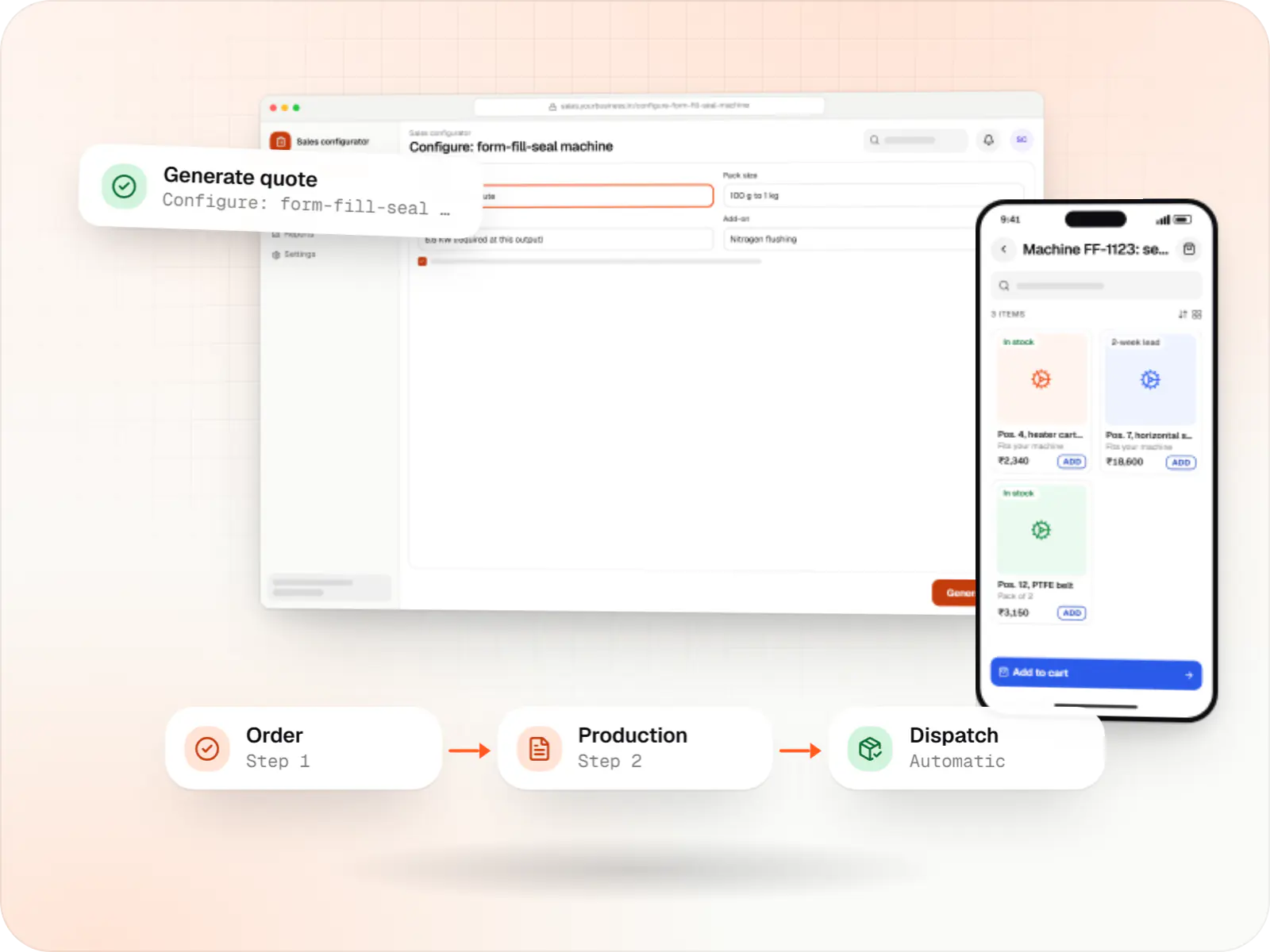 Machinery software screens: sales configurator configure in a browser and spare parts portal on a phone