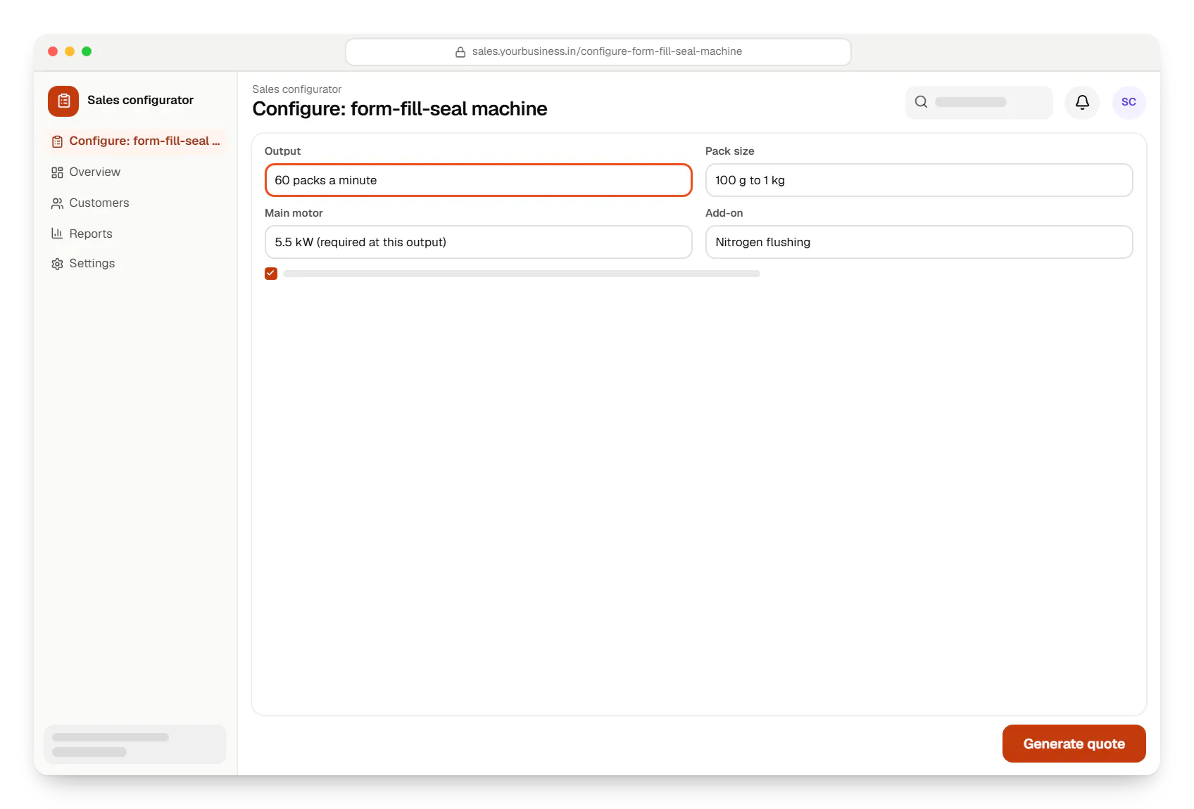 Machinery software sales configurator configure: form-fill-seal machine in a web browser