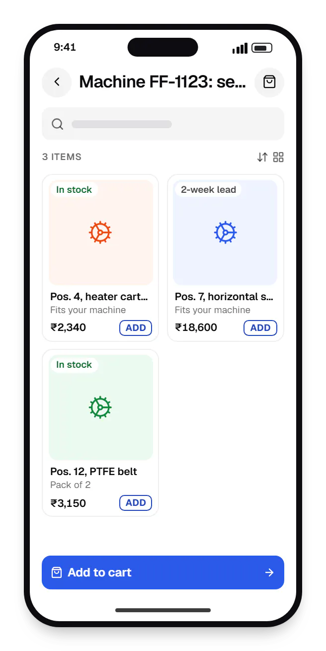 Machinery software spare parts portal catalogue on a phone, showing machine FF-1123: sealing unit with prices