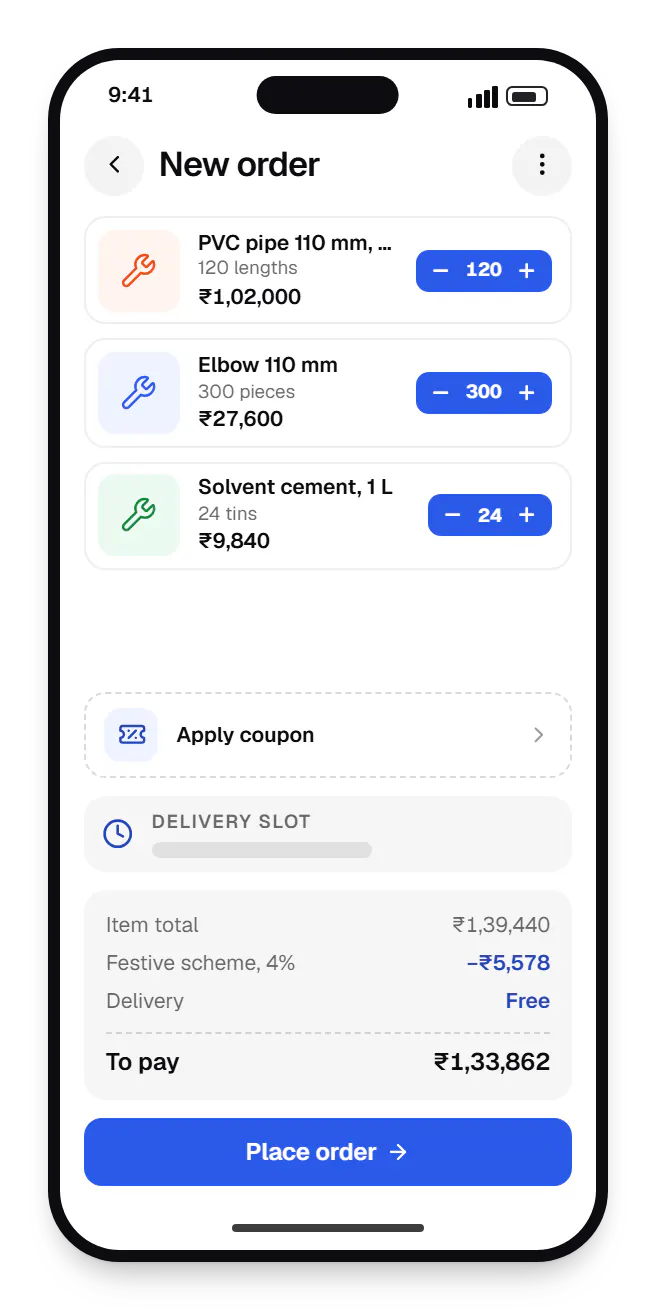 Manufacturing software dealer ordering app cart on a phone, with 4 items and the order total