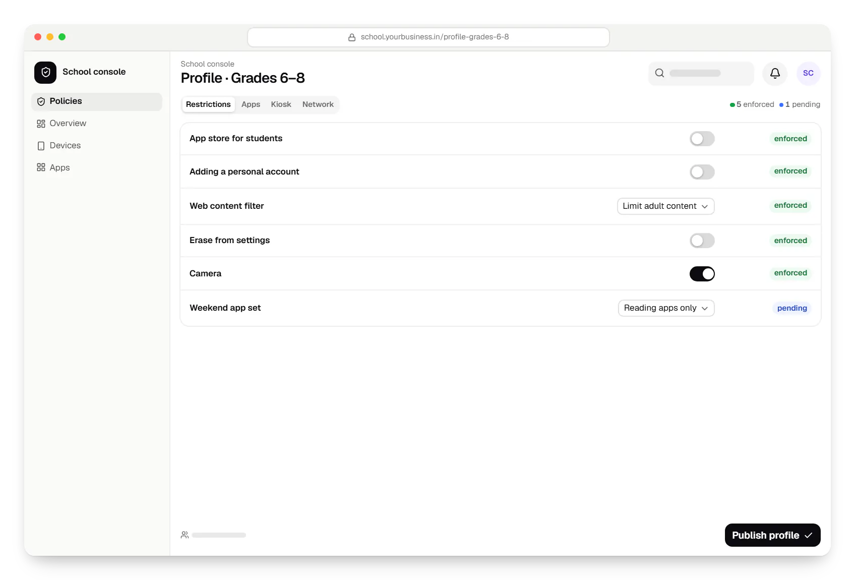 MDM for devices, with Apple Manager school console policy settings in a web browser