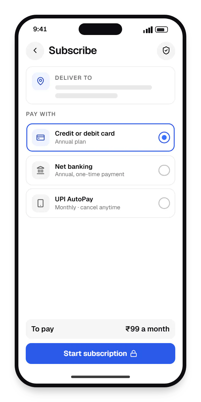 Media software reader app checkout on a phone, with credit or debit card, net banking and UPI AutoPay options