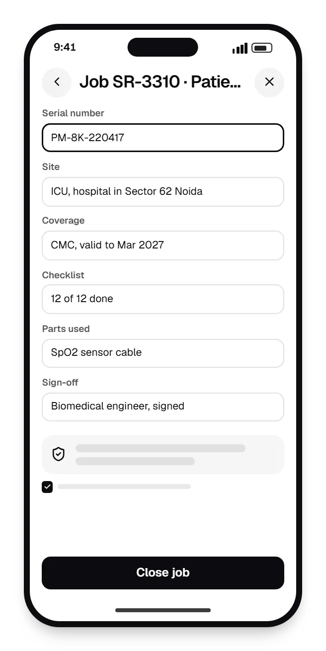 Medical equipment software field service app job SR-3310 on a phone, with input fields and an action button