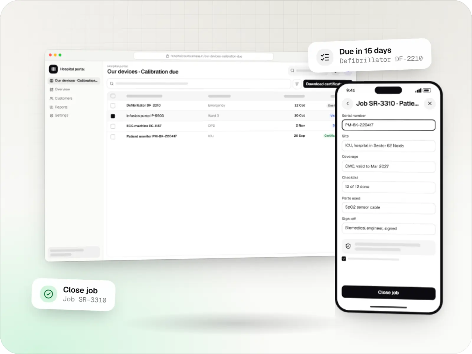 Medical equipment software screens: hospital portal in a browser and field service app on a phone