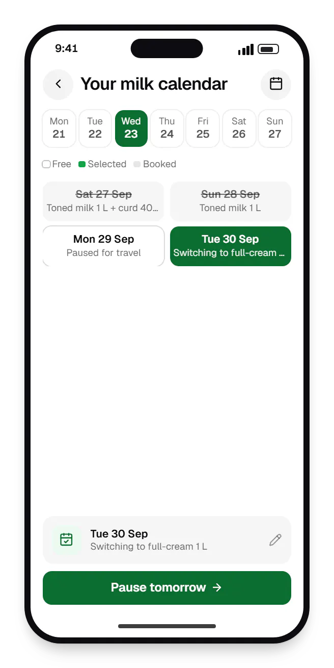 Milk delivery customer app booking slots on a phone, with open time slots