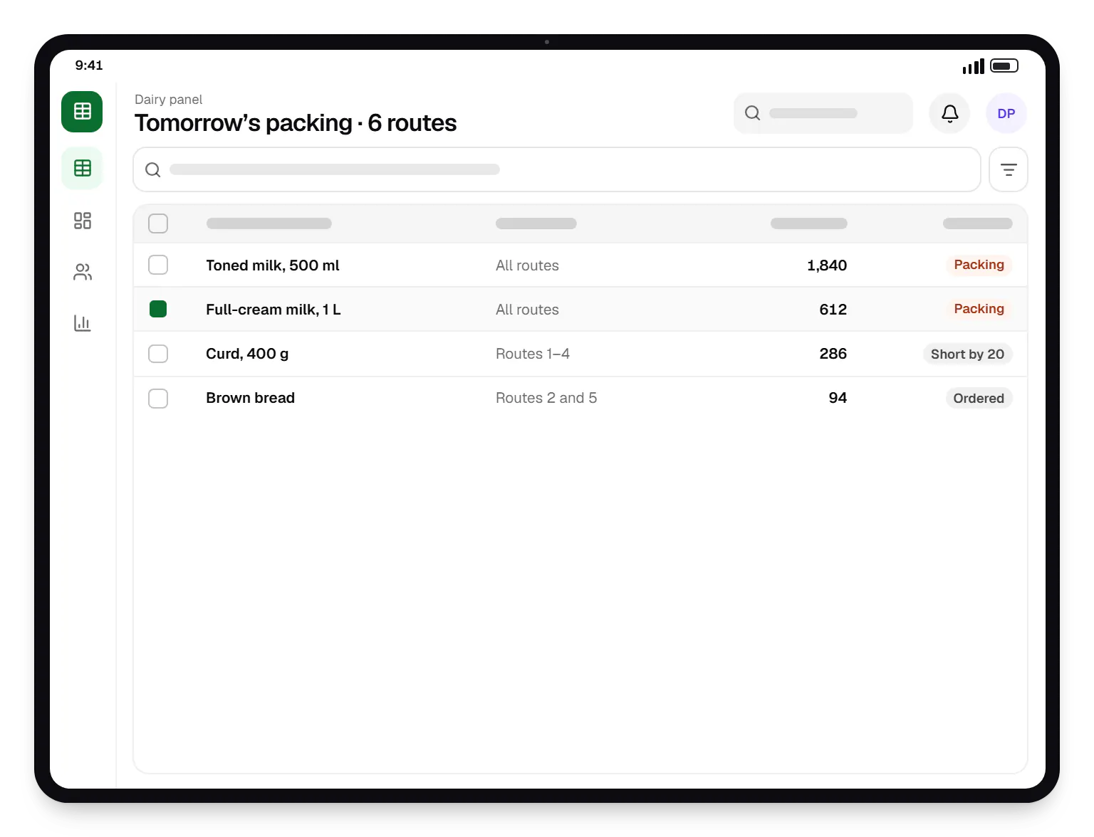 Milk delivery app dairy panel tomorrow’s packing table on a tablet, with 4 rows and status labels