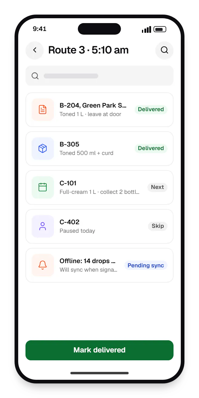Milk delivery partner app route 3 on a phone, with 5 entries