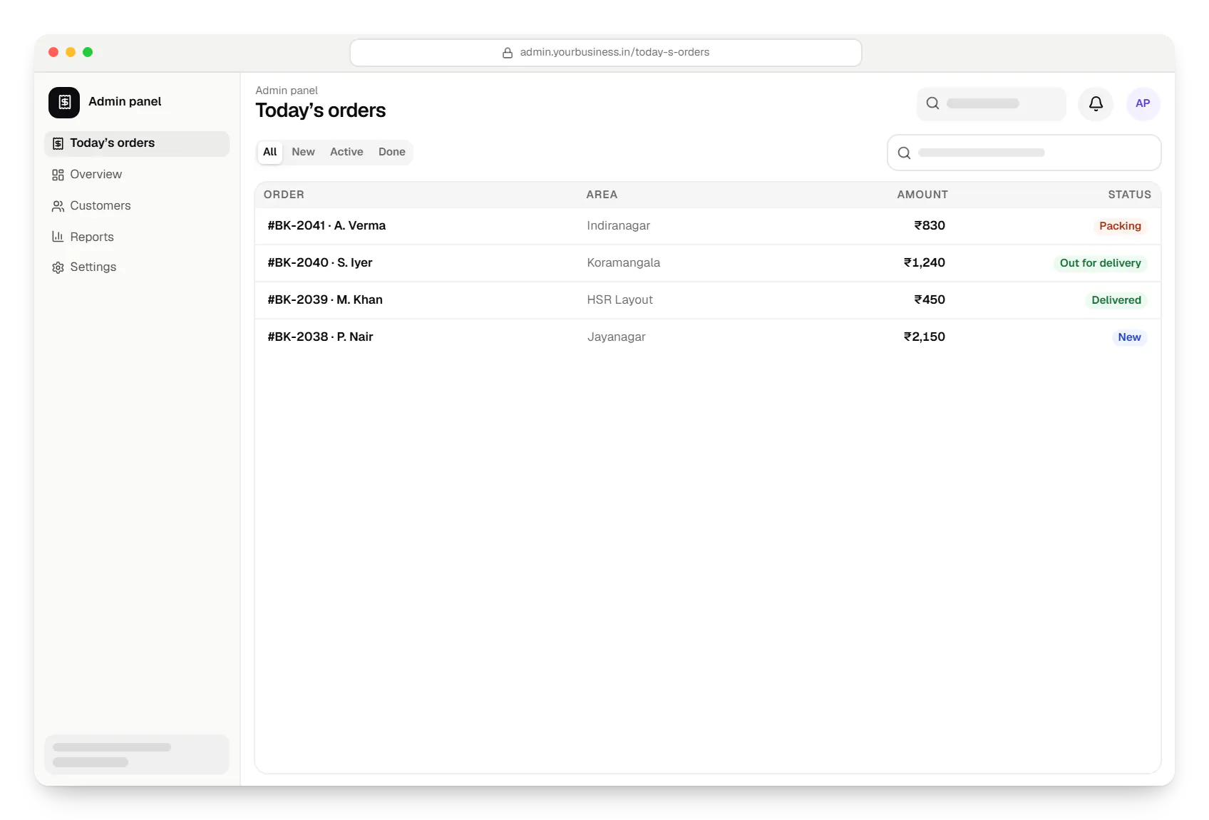 Mobile app admin panel order list in a web browser, with 4 orders and their status
