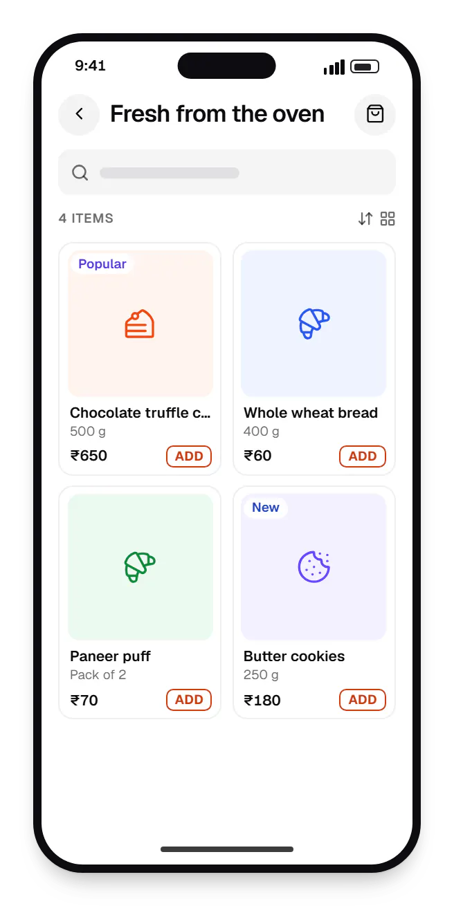 Mobile customer app catalogue on a phone, showing fresh from the oven with prices