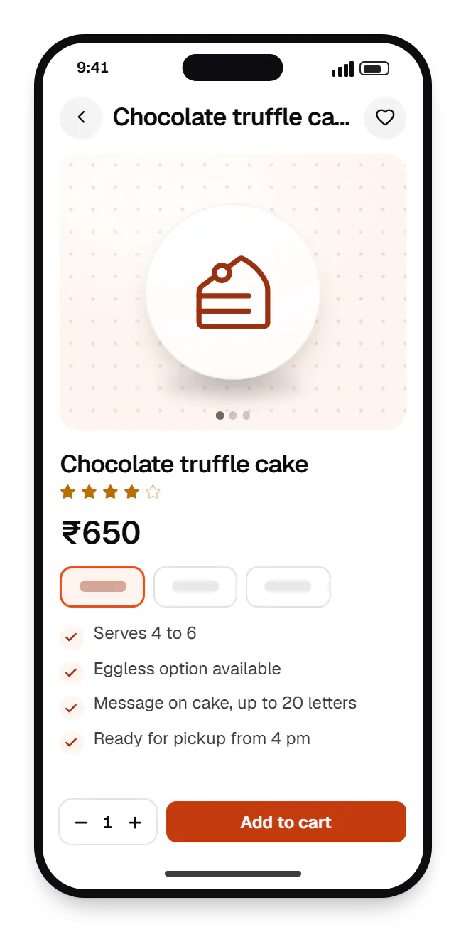 Mobile customer app product page on a phone, for chocolate truffle cake, with price and options