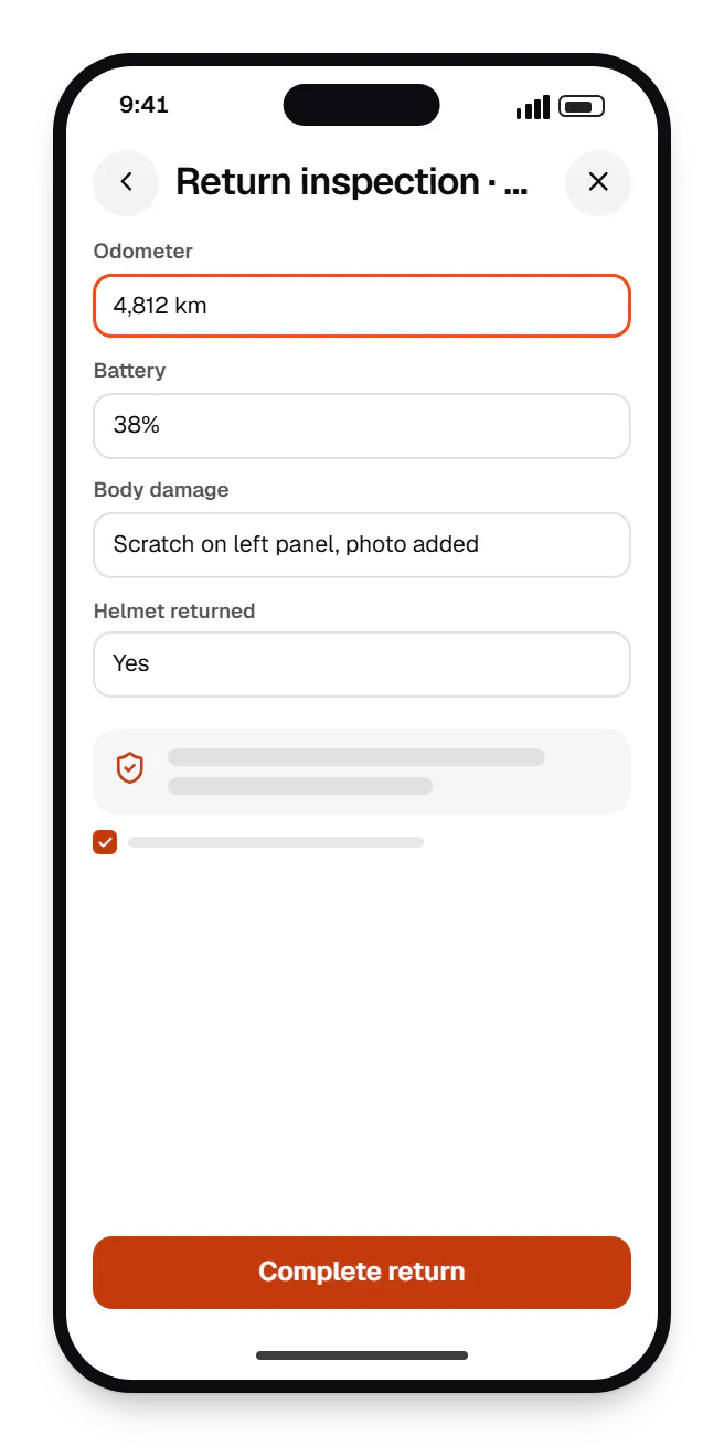 Mobility software field executive app return inspection on a phone, with input fields and an action button