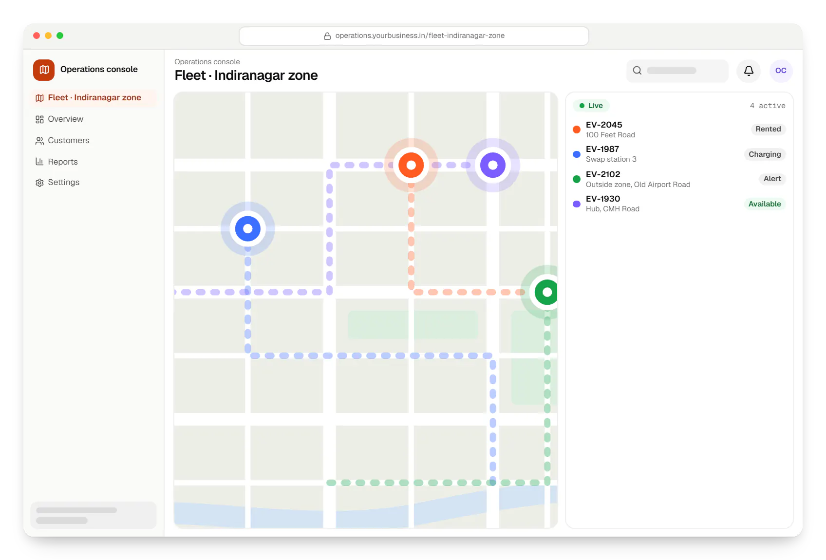 Mobility software operations console route map in a web browser, with stops and live positions