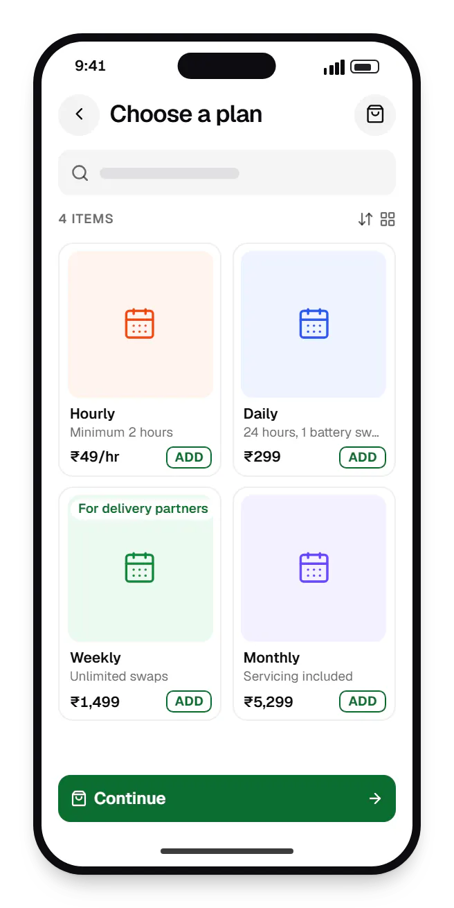 Mobility software rider app catalogue on a phone, showing choose a plan with prices