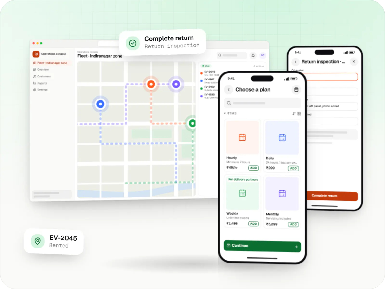 Mobility software screens: operations console in a browser, rider app on a phone and field executive app on a phone