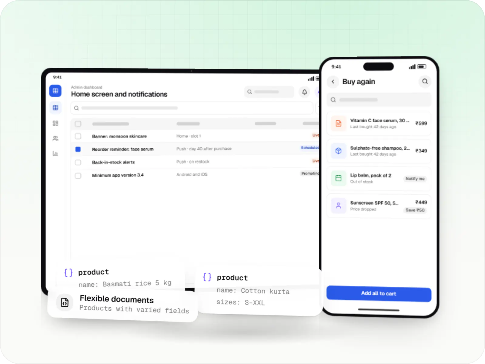 Product data stored in MongoDB as flexible documents, read by a shopping app on a phone and a tablet
