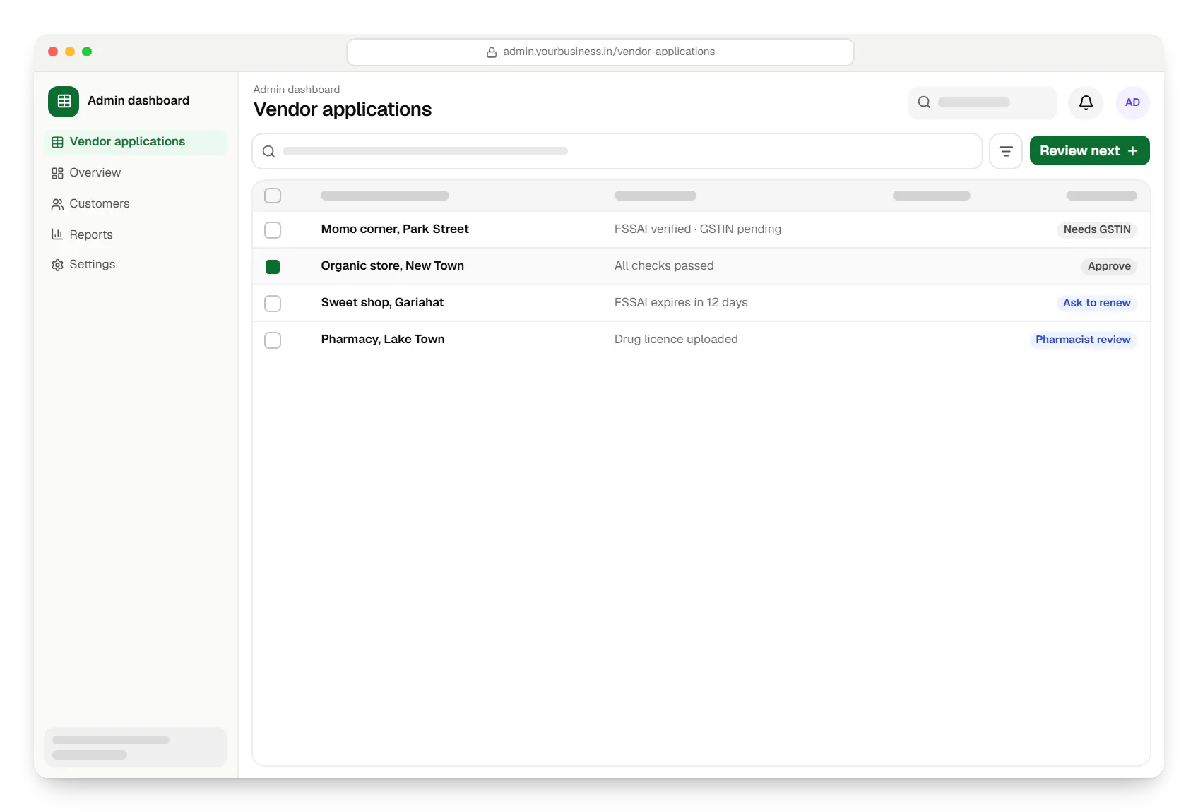 Multi-vendor delivery app admin dashboard vendor applications table in a web browser, with 4 rows and status labels
