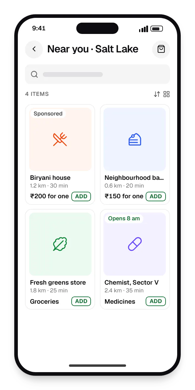 Multi-vendor delivery customer app catalogue on a phone, showing near you with prices