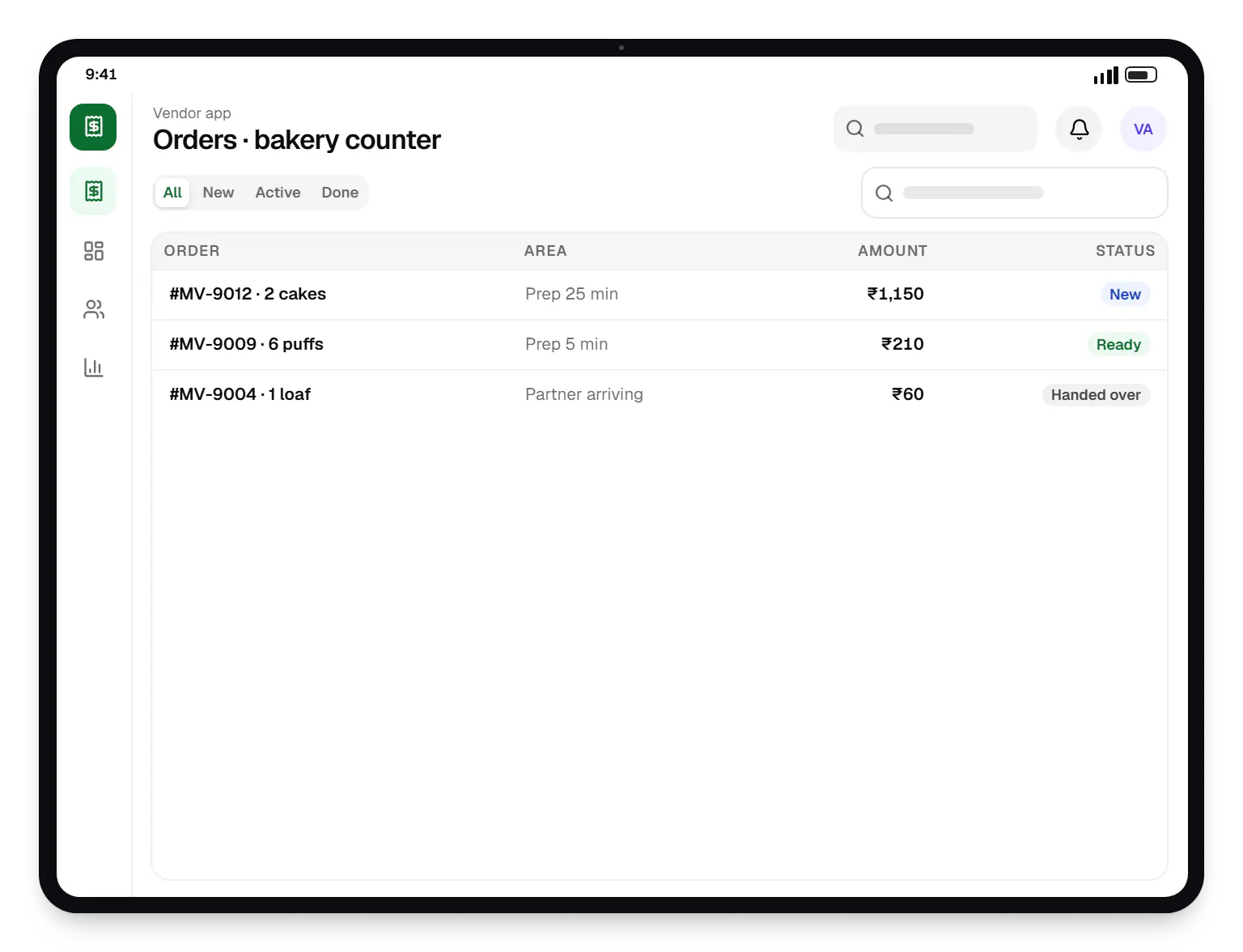 Multi-vendor delivery vendor app order list on a tablet, with 3 orders and their status