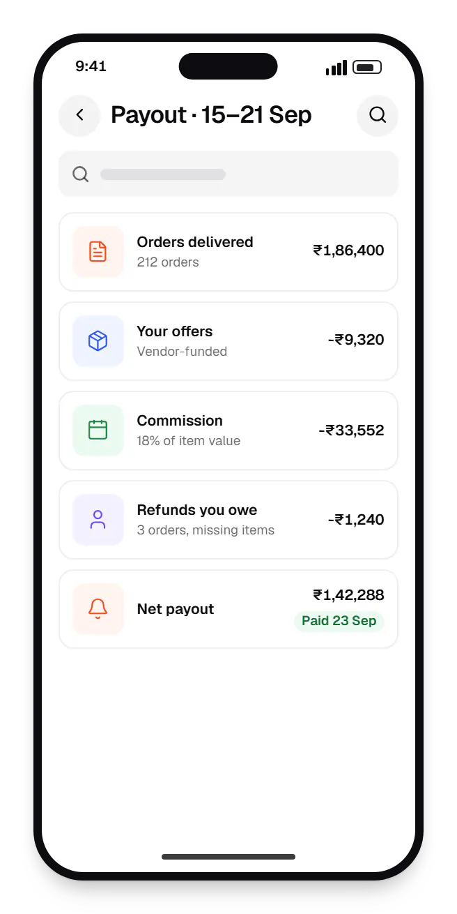 Multi-vendor delivery vendor app payout on a phone, with 5 entries