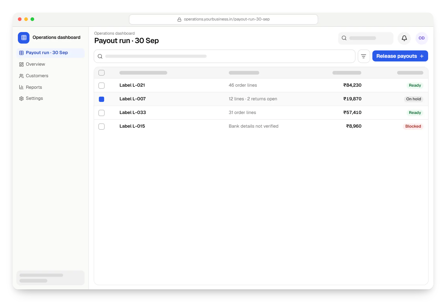 Multi-vendor fashion marketplace operations dashboard payout run table in a web browser, with 4 rows and status labels