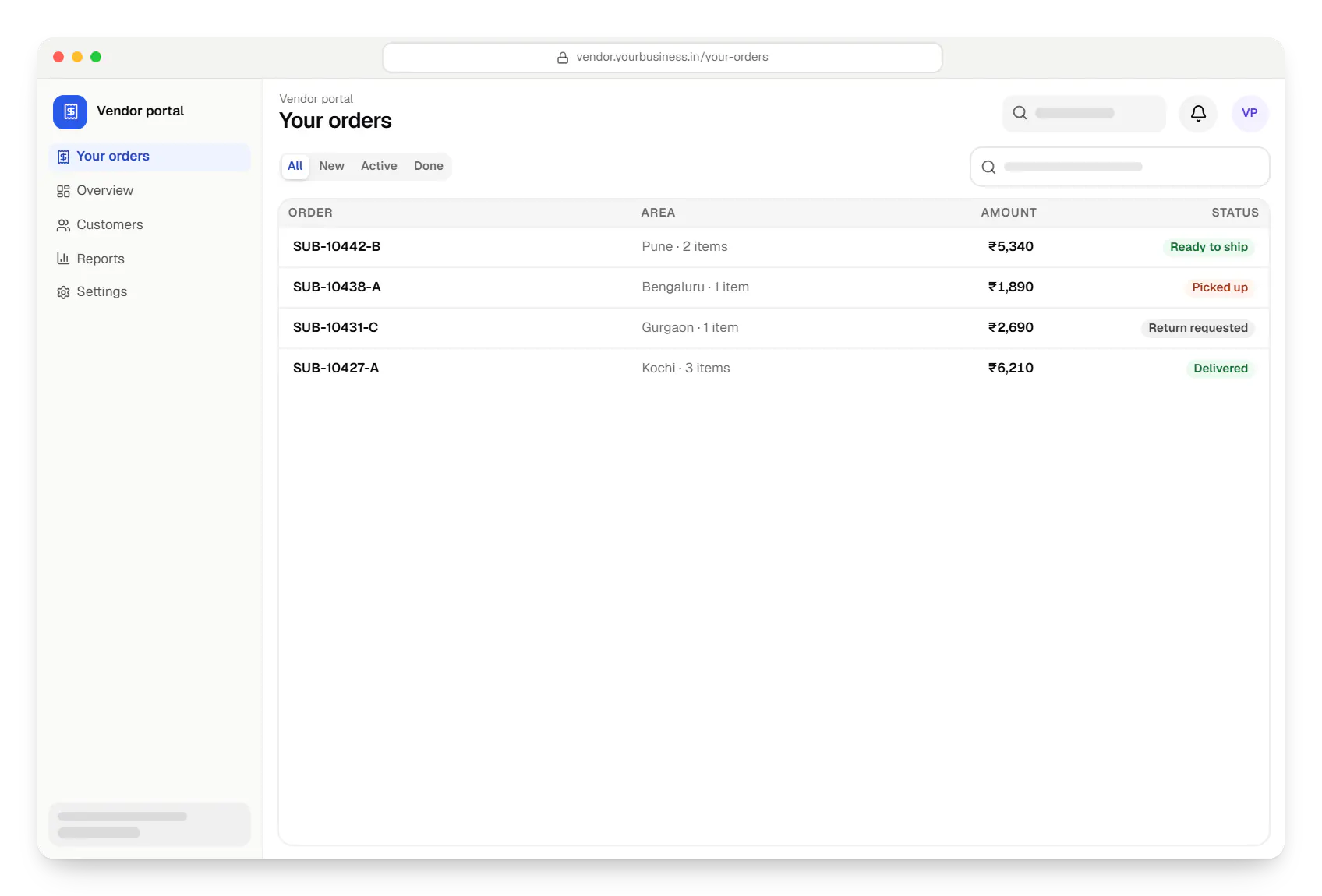 Multi-vendor fashion marketplace vendor portal order list in a web browser, with 4 orders and their status