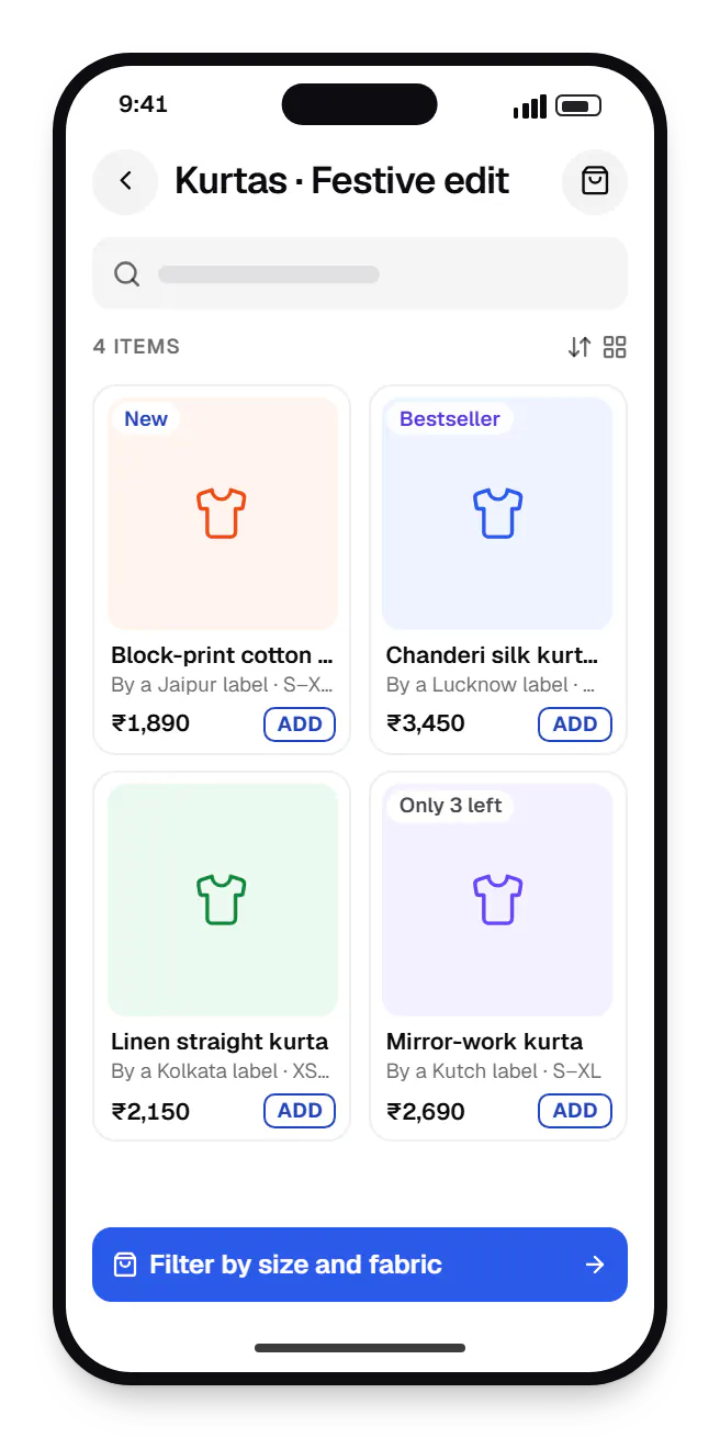 Multi-vendor fashion marketplace storefront catalogue on a phone, showing kurtas with prices