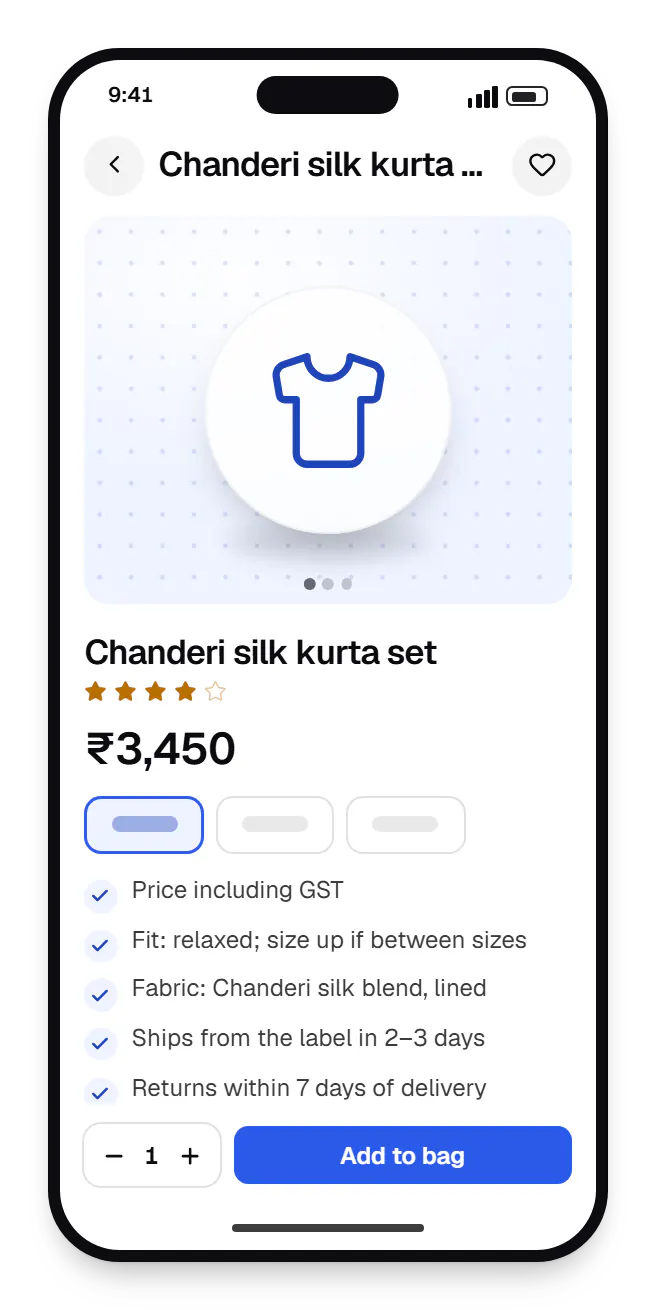 Multi-vendor fashion marketplace storefront product page on a phone, for chanderi silk kurta set, with price and options