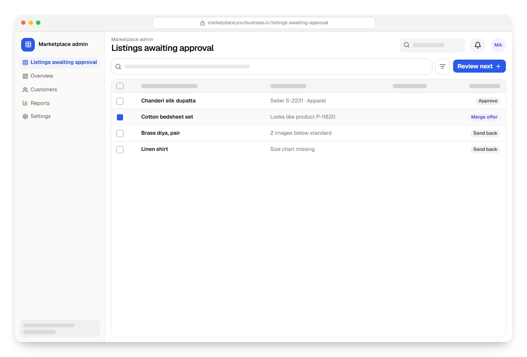 Multi-vendor marketplace admin listings awaiting approval table in a web browser, with 4 rows and status labels
