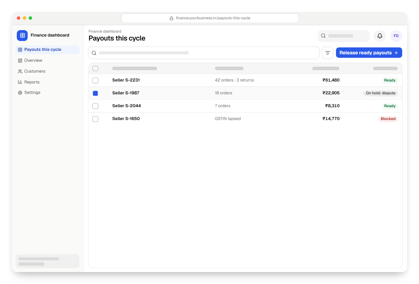 Multi-vendor marketplace finance dashboard payouts this cycle table in a web browser, with 4 rows and status labels
