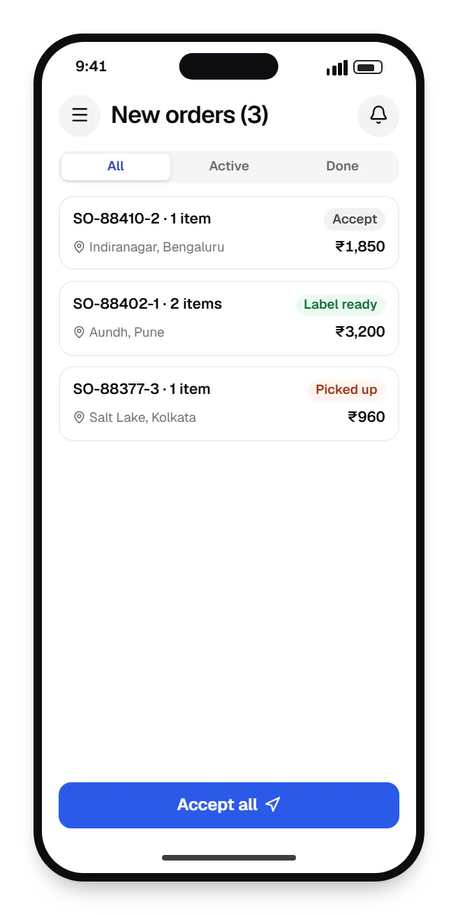 Multi-vendor marketplace seller app order list on a phone, with 3 orders and their status