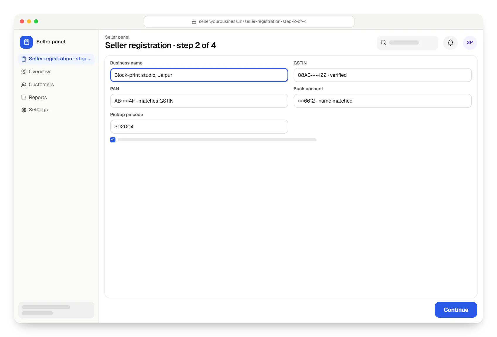 Multi-vendor marketplace seller panel seller registration in a web browser, with input fields and an action button