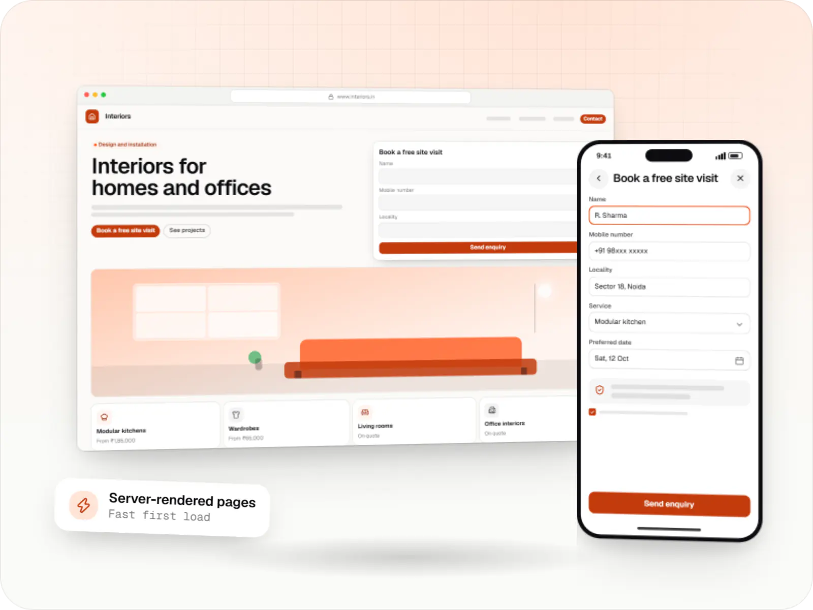 Business website built with Next.js in a browser, with its enquiry form on a phone