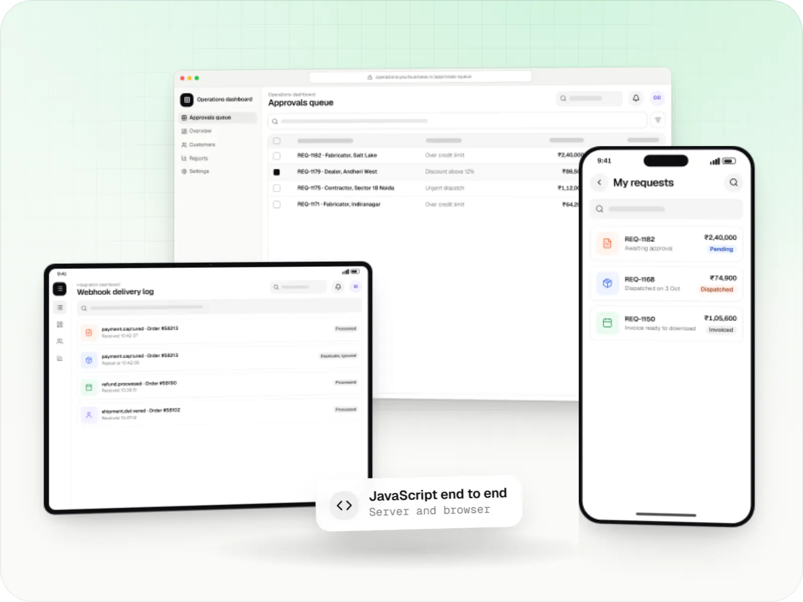 Node.js software shown as an approvals table in a browser, a webhook log and a customer portal on a phone
