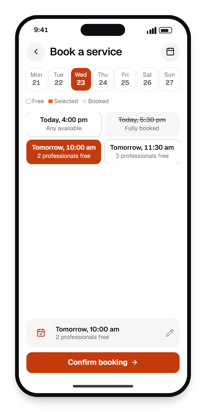 On-demand and booking apps customer app booking slots on a phone, with open time slots