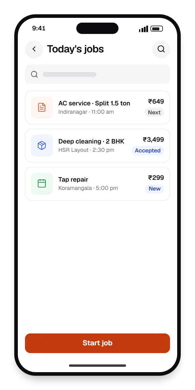 On-demand and booking apps provider app today's jobs on a phone, with 3 entries