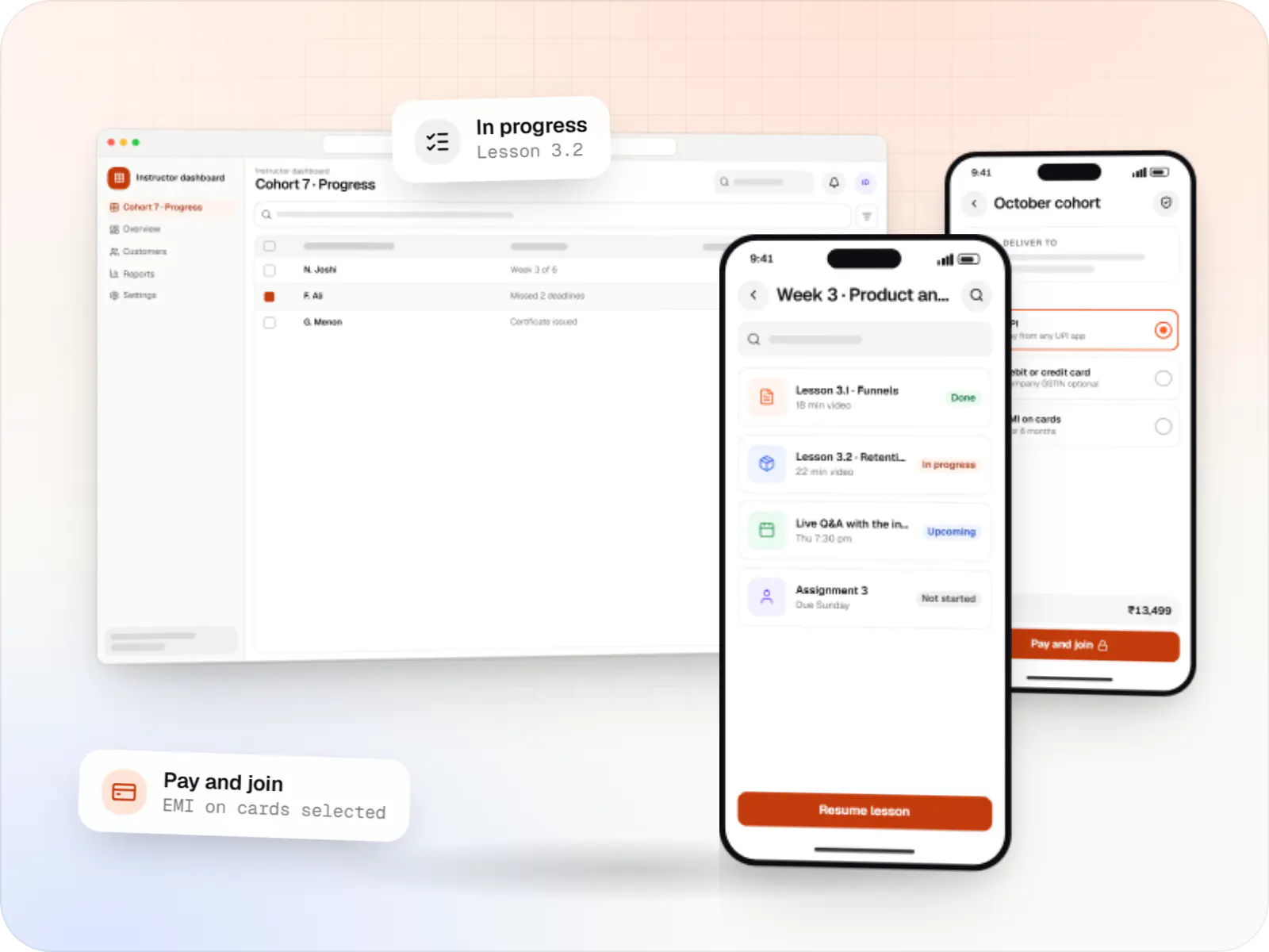 Online learning software screens: instructor dashboard in a browser, learner view on a phone and course checkout on a phone