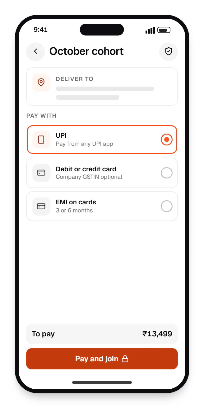 Online learning software course checkout on a phone, with UPI, debit or credit card and EMI on cards options