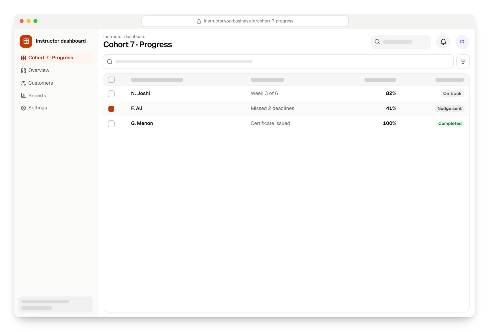Online learning software instructor dashboard cohort 7 table in a web browser, with 3 rows and status labels