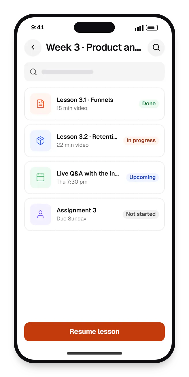 Online learning software learner view week 3 on a phone, with 4 entries