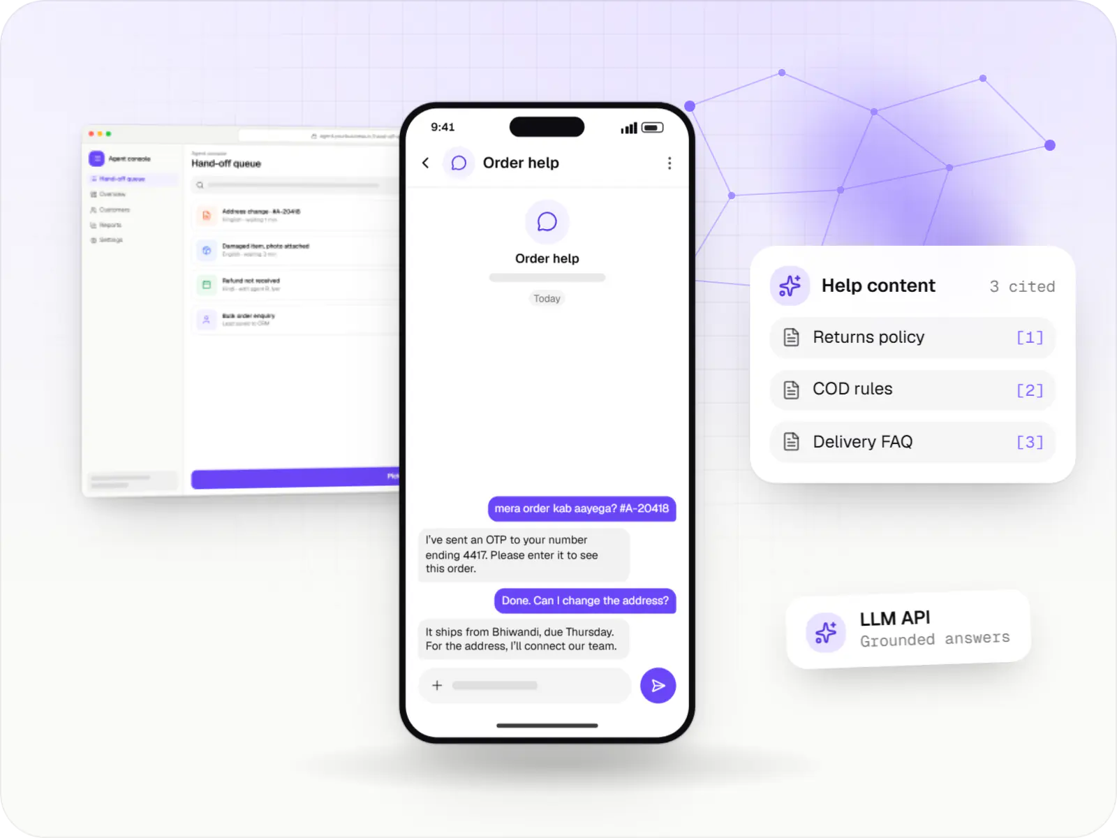 Support chat built on OpenAI APIs on a phone, with a cited answer and the agent hand-off queue