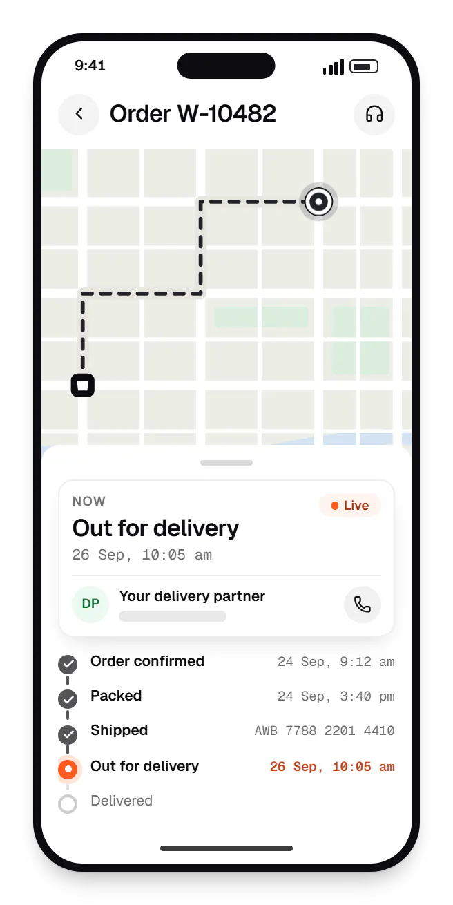 Order management system customer tracking page order tracking on a phone, with live status steps