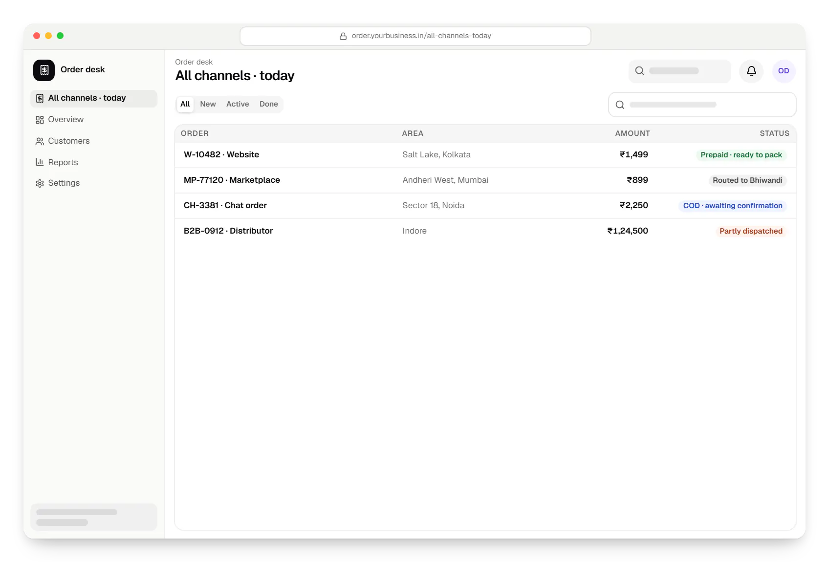 Management system order desk order list in a web browser, with 4 orders and their status