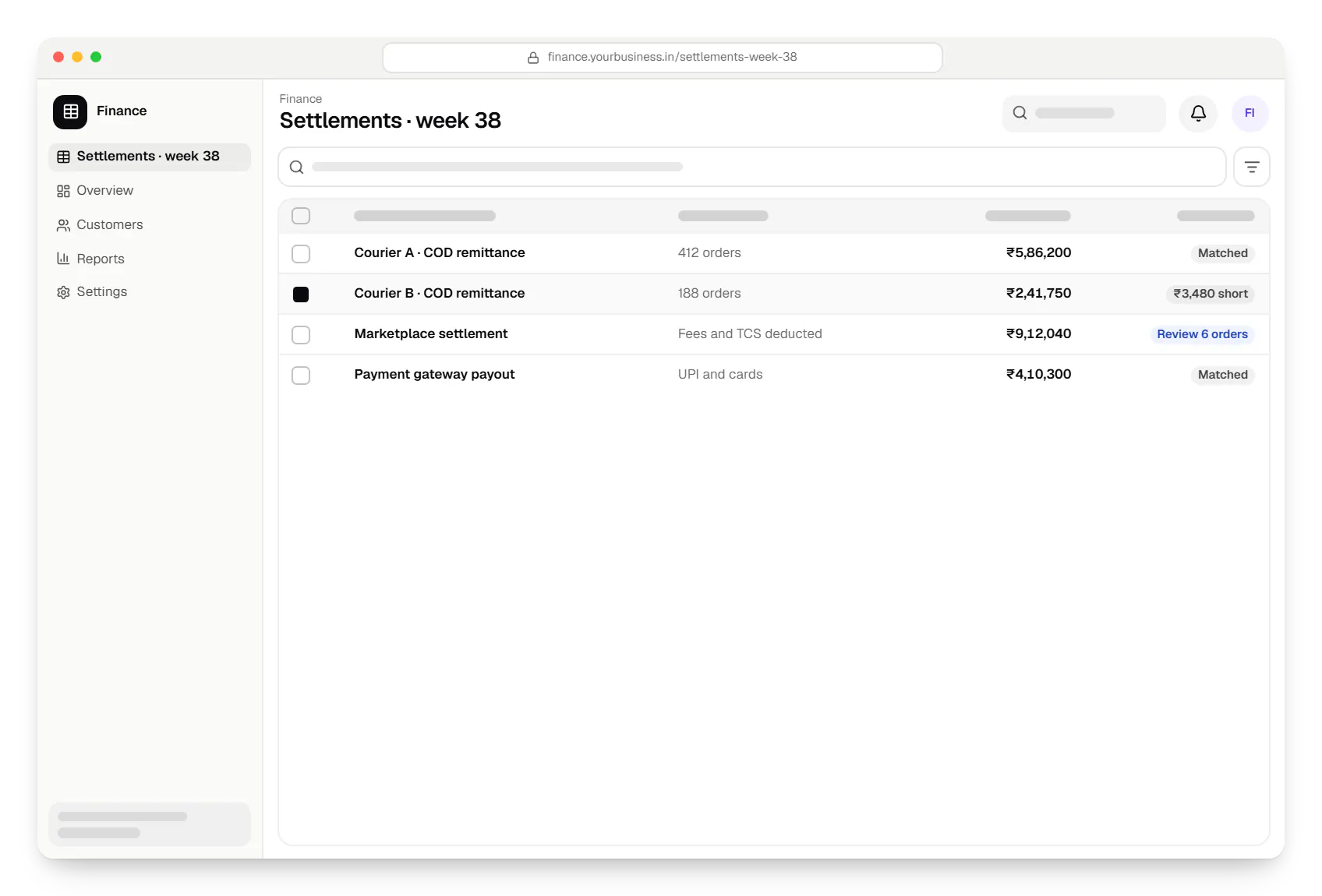 Order management system finance settlements table in a web browser, with 4 rows and status labels