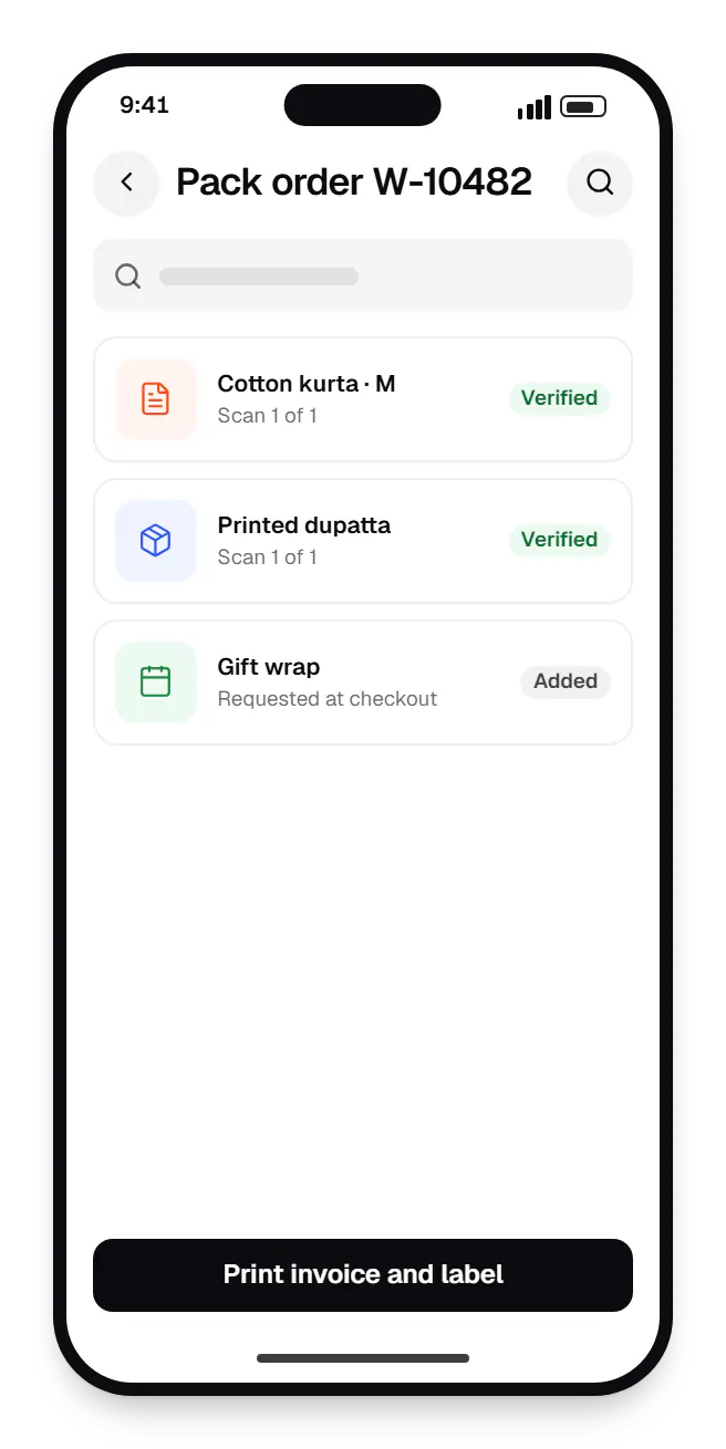 Order management system packing station pack order W-10482 on a phone, with 3 entries