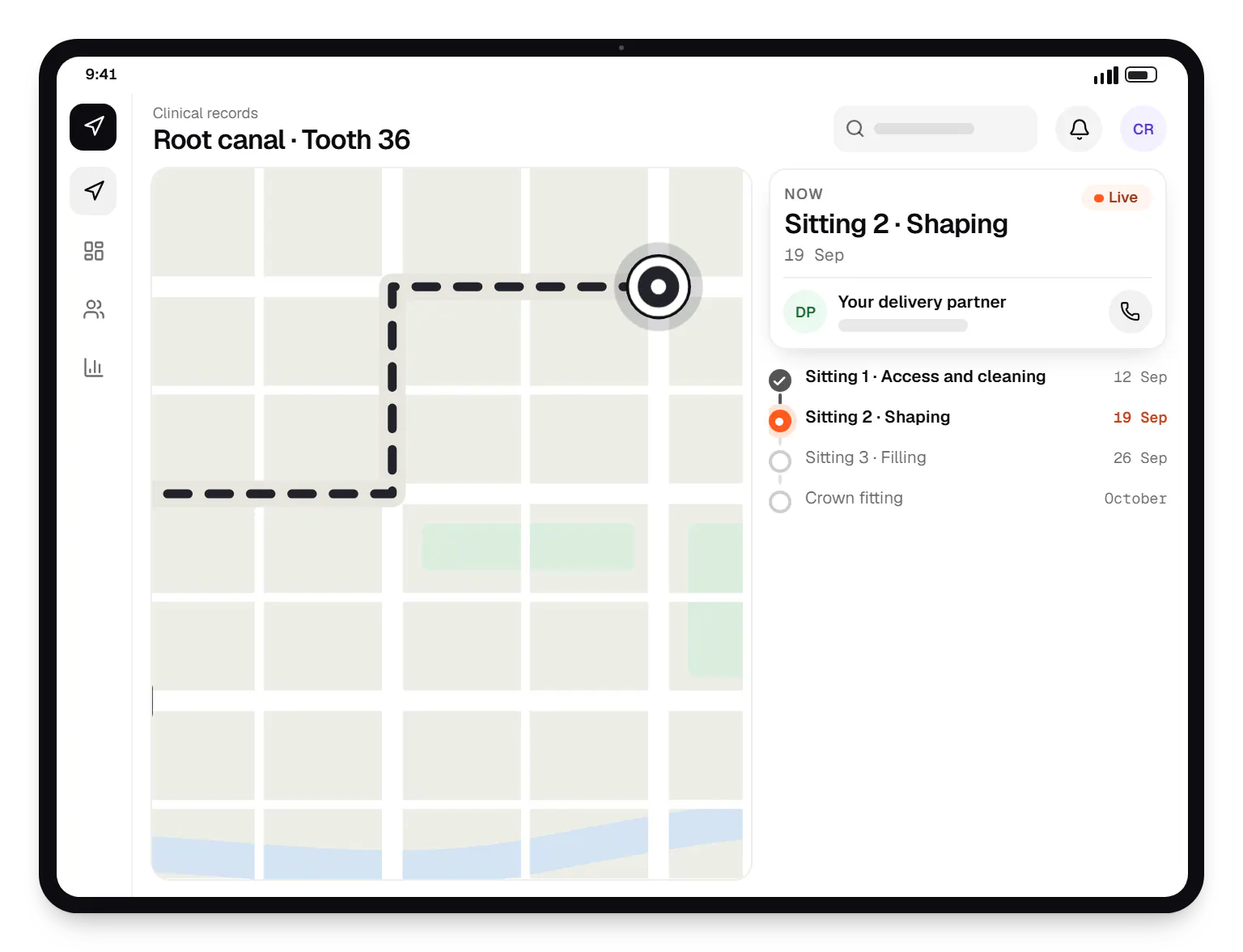 Patient management system clinical records order tracking on a tablet, with live status steps