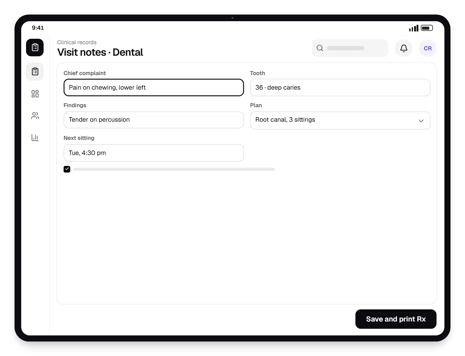 Patient management system clinical records visit notes on a tablet, with input fields and an action button